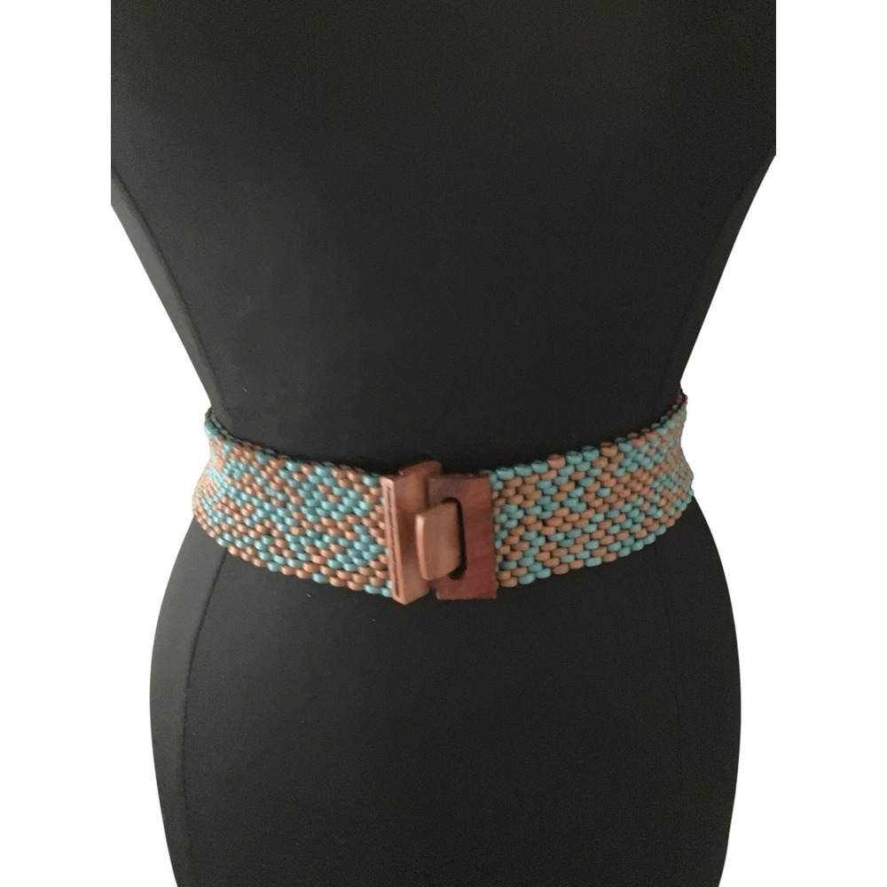 Wood Bead Belt Weatern Turquoise Tan Stretch Statement Wood Interlock Buckle 31"